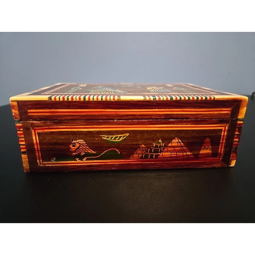 Vintage Hinged Wood‎ Box Mother Of Pearl Carved Egyptian theme 2